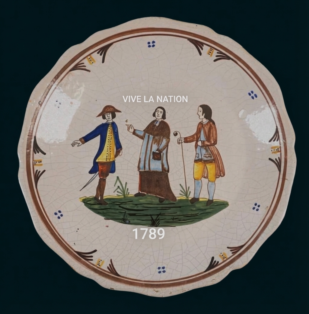 Keramikteller mit drei Figuren, Schriftzug 'VIVE LA NATION' und Jahreszahl 1789, dekorativer Rand